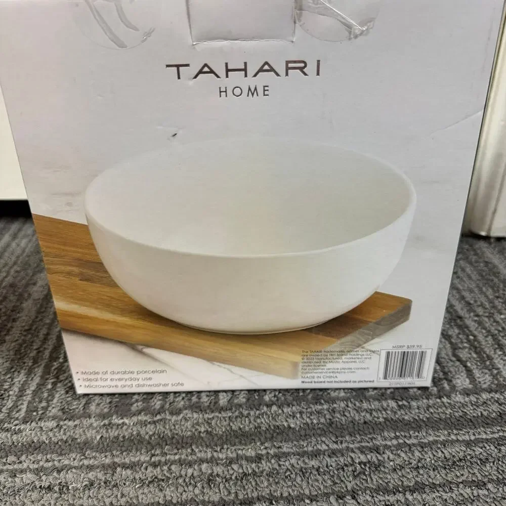 Tahari Home Porcelain Serving Bowl – 8.5” White Round Bowl – Microwave safe